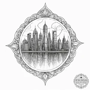 Reflections of a city skyline in the glass fa... - эскиз тату (№1755748996_0, 21.08.2025 04:03) — tattoo-photo.ru