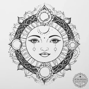 Tattoo sketch a sun and moon intertwined with... - эскиз тату (№1755751191_0, 21.08.2025 04:39) — tattoo-photo.ru