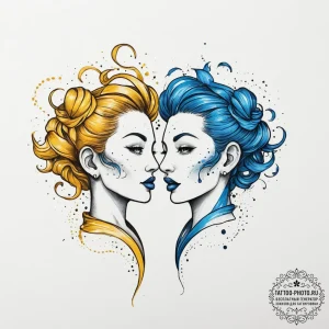 Tattoo sketch gemini twins, one a cool blue,... - эскиз тату (№1755790616_0, 21.08.2025 15:36) — tattoo-photo.ru