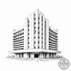 The stark, brutalist architecture of a govern... - эскиз тату (№1755793218_0, 21.08.2025 16:20) — tattoo-photo.ru