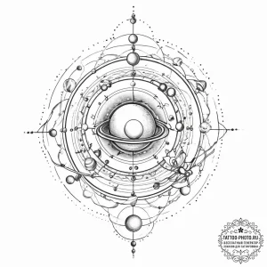 Solar system model (orrery), tattoo line art,... - эскиз тату (№1755793618_0, 21.08.2025 16:26) — tattoo-photo.ru