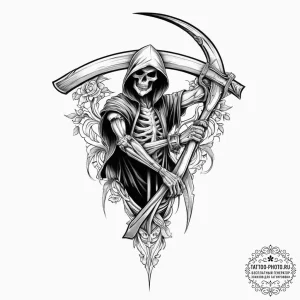 Reaper's scythe leaning against a wall, tatto... - эскиз тату (№1755793816_0, 21.08.2025 16:30) — tattoo-photo.ru