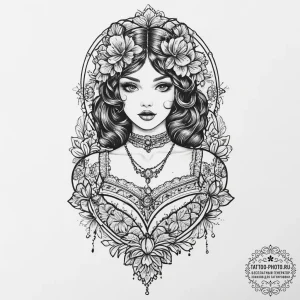 Tattoo sketch lolita fashion dress and lace,... - эскиз тату (№1755803667_0, 21.08.2025 19:14) — tattoo-photo.ru