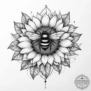 Tattoo sketch sunflower with a bumblebee, con... - эскиз тату (№1755805668_0, 21.08.2025 19:47) — tattoo-photo.ru