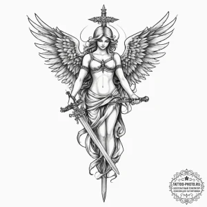 Tattoo sketch angel with sword, tattoo drawin... - эскиз тату (№1755836766_0, 22.08.2025 04:26) — tattoo-photo.ru