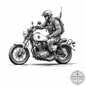 Tattoo sketch soldier with a motorcycle - эскиз тату (№1755868354_0, 22.08.2025 13:12) — tattoo-photo.ru