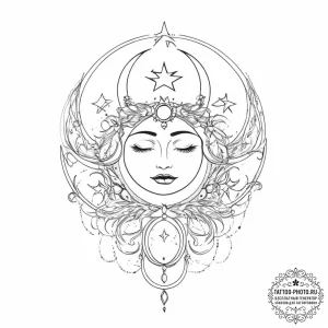 Tattoo sketch triple moon goddess and stars - эскиз тату (№1755893300_0, 22.08.2025 20:08) — tattoo-photo.ru