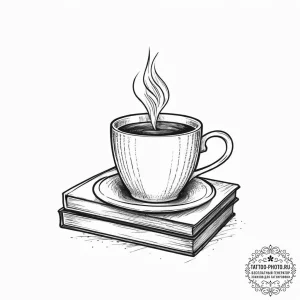 Tattoo sketch coffee cup and a book, ink illu... - эскиз тату (№1755894700_0, 22.08.2025 20:31) — tattoo-photo.ru