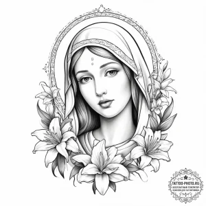 Tattoo sketch virgin mary with lilies - эскиз тату (№1755898277_0, 22.08.2025 21:31) — tattoo-photo.ru