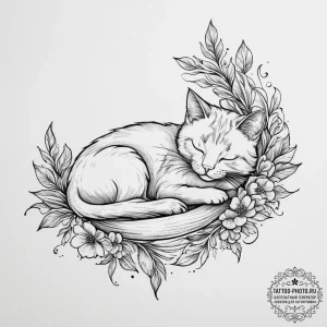 Tattoo sketch bed with a sleeping cat, artist... - эскиз тату (№1755902617_0, 22.08.2025 22:43) — tattoo-photo.ru