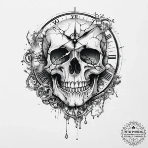Tattoo sketch skull with a broken clock - эскиз тату (№1755996319_0, 24.08.2025 00:45) — tattoo-photo.ru