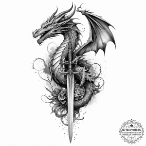 Tattoo sketch dragon with a sword, tattoo lin... - эскиз тату (№1756001129_0, 24.08.2025 02:05) — tattoo-photo.ru