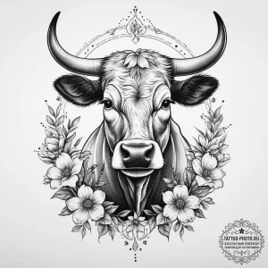 Tattoo sketch sacred cow with flowers, ink il... - эскиз тату (№1756020115_0, 24.08.2025 07:21) — tattoo-photo.ru