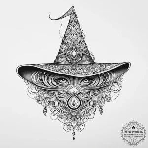 Tattoo sketch witch hat, concept art for tatt... - эскиз тату (№1756031130_0, 24.08.2025 10:25) — tattoo-photo.ru