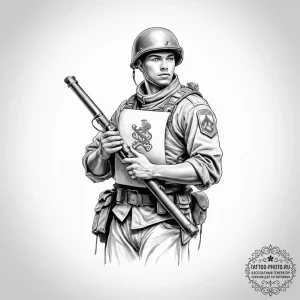 Tattoo sketch soldier with a scroll - эскиз тату (№1756053417_0, 24.08.2025 16:36) — tattoo-photo.ru