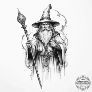 Tattoo sketch wizard with a staff - эскиз тату (№1756116769_0, 25.08.2025 10:12) — tattoo-photo.ru