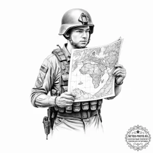 Tattoo sketch soldier with a map - эскиз тату (№1756139309_0, 25.08.2025 16:28) — tattoo-photo.ru