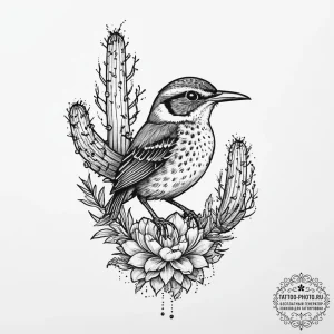 Tattoo sketch cactus wren, tattoo line art, o... - эскиз тату (№1756143849_0, 25.08.2025 17:44) — tattoo-photo.ru