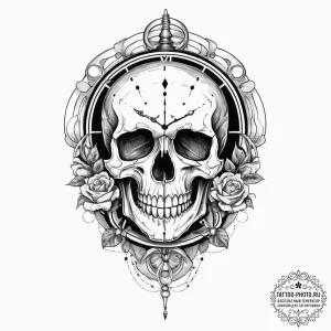 Tattoo sketch skull with a broken clock, ink... - эскиз тату (№1756163445_0, 25.08.2025 23:10) — tattoo-photo.ru