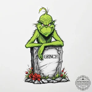 Tattoo sketch the grinch with a tombstone, ta... - эскиз тату (№1756231519_0, 26.08.2025 18:05) — tattoo-photo.ru