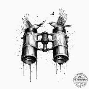 Tattoo sketch birdwatching binoculars and a f... - эскиз тату (№1756255726_0, 27.08.2025 00:48) — tattoo-photo.ru