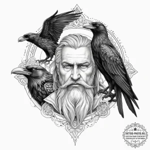 Tattoo sketch odin with two ravens, ink illus... - эскиз тату (№1756265055_0, 27.08.2025 03:24) — tattoo-photo.ru