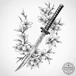 Tattoo sketch japanese katana with cherry blo... - эскиз тату (№1756308720_0, 27.08.2025 15:32) — tattoo-photo.ru