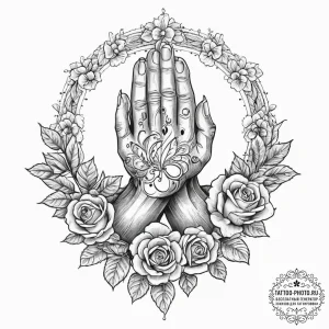 Tattoo sketch praying hands with halo, ink il... - эскиз тату (№1756310091_0, 27.08.2025 15:54) — tattoo-photo.ru