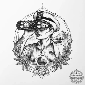 Tattoo sketch birdwatching a bird with binocu... - эскиз тату (№1756318656_0, 27.08.2025 18:17) — tattoo-photo.ru