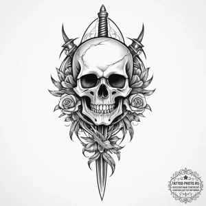 Tattoo sketch skull with a dagger - эскиз тату (№1756343379_0, 28.08.2025 01:09) — tattoo-photo.ru