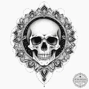 Tattoo sketch skull with a halo, ink illustra... - эскиз тату (№1756347186_0, 28.08.2025 02:13) — tattoo-photo.ru