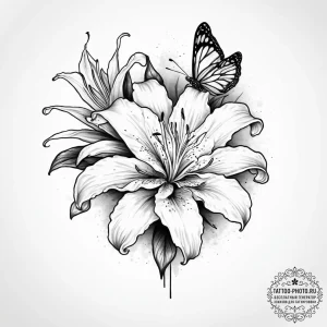 Tattoo sketch lily with a butterfly - эскиз тату (№1756366290_0, 28.08.2025 07:31) — tattoo-photo.ru