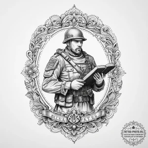 Tattoo sketch soldier with a book, tattoo lin... - эскиз тату (№1756399453_0, 28.08.2025 16:44) — tattoo-photo.ru