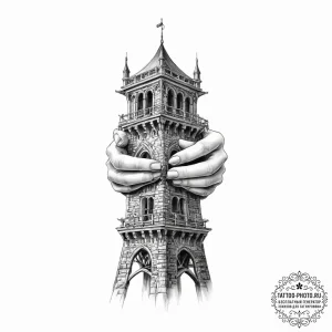 Tattoo sketch hands with a tower - эскиз тату (№1756401626_0, 28.08.2025 17:20) — tattoo-photo.ru