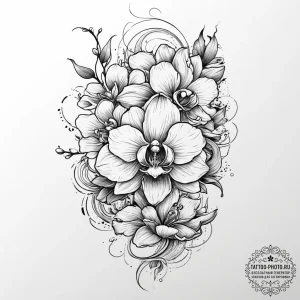 Tattoo sketch orchid with a quote, tattoo fla... - эскиз тату (№1756407442_0, 28.08.2025 18:57) — tattoo-photo.ru