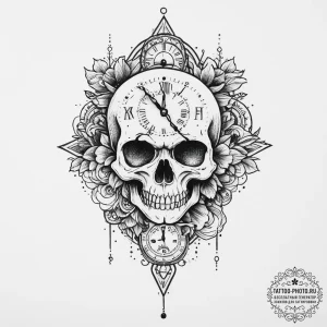 Tattoo sketch череп с часами, tattoo drawing... - эскиз тату (№1756414631_0, 28.08.2025 20:57) — tattoo-photo.ru