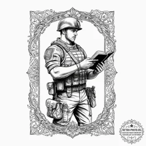 Tattoo sketch soldier with a book, artistic t... - эскиз тату (№1756445801_0, 29.08.2025 05:36) — tattoo-photo.ru