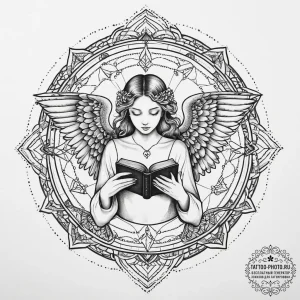 Tattoo sketch angel with a book, tattoo drawi... - эскиз тату (№1756452329_0, 29.08.2025 07:25) — tattoo-photo.ru