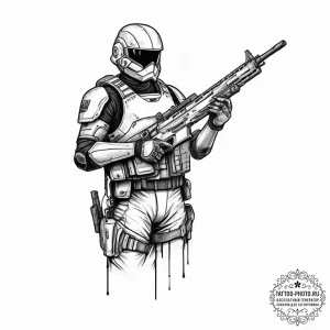 Tattoo sketch soldier with a futuristic weapo... - эскиз тату (№1756471235_0, 29.08.2025 12:40) — tattoo-photo.ru