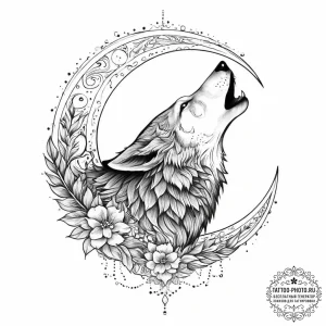 Tattoo sketch crescent moon with a wolf, ink... - эскиз тату (№1756495266_0, 29.08.2025 19:21) — tattoo-photo.ru