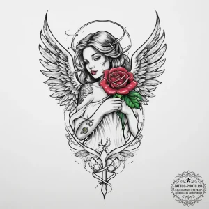 Tattoo sketch angel with a rose, artistic tat... - эскиз тату (№1756504329_0, 29.08.2025 21:52) — tattoo-photo.ru