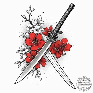 Tattoo sketch japanese katana with cherry blo... - эскиз тату (№1756508521_0, 29.08.2025 23:02) — tattoo-photo.ru