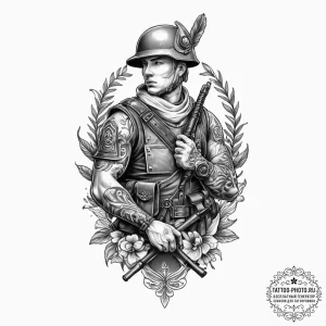 Tattoo sketch soldier with a scroll, concept... - эскиз тату (№1756508726_0, 29.08.2025 23:05) — tattoo-photo.ru