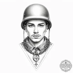 Tattoo sketch soldier with a chain, concept a... - эскиз тату (№1756514162_0, 30.08.2025 00:36) — tattoo-photo.ru