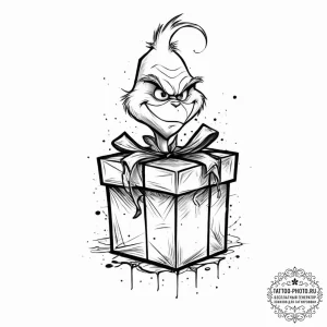 Tattoo sketch the grinch with a present, tatt... - эскиз тату (№1756529108_0, 30.08.2025 04:45) — tattoo-photo.ru
