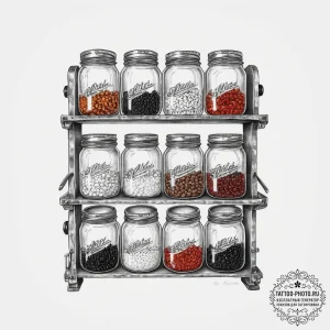 Tattoo sketch spice rack with jars, concept a... - эскиз тату (№1756569360_0, 30.08.2025 15:56) — tattoo-photo.ru