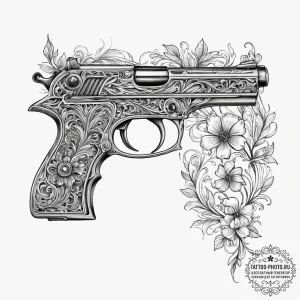 Tattoo sketch pistol, tattoo line art, sepia... - эскиз тату (№1756570733_0, 30.08.2025 16:18) — tattoo-photo.ru