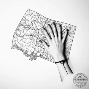 Tattoo sketch hands with a map - эскиз тату (№1756576233_0, 30.08.2025 17:50) — tattoo-photo.ru