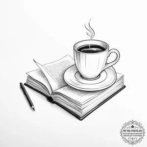 Tattoo sketch coffee cup and a book - эскиз тату (№1756594213_0, 30.08.2025 22:50) — tattoo-photo.ru