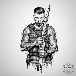 Tattoo sketch soldier with a scissors, concep... - эскиз тату (№1756613329_0, 31.08.2025 04:08) — tattoo-photo.ru